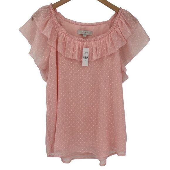 Loft Clip Dot Ruffle Shell Blouse Top Short Cap Sleeves Pink Women Large NWT - Picture 1 of 5